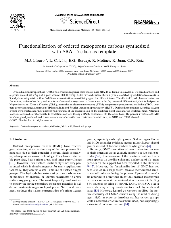 (PDF) Functionalization of ordered mesoporous carbons synthesized with ...