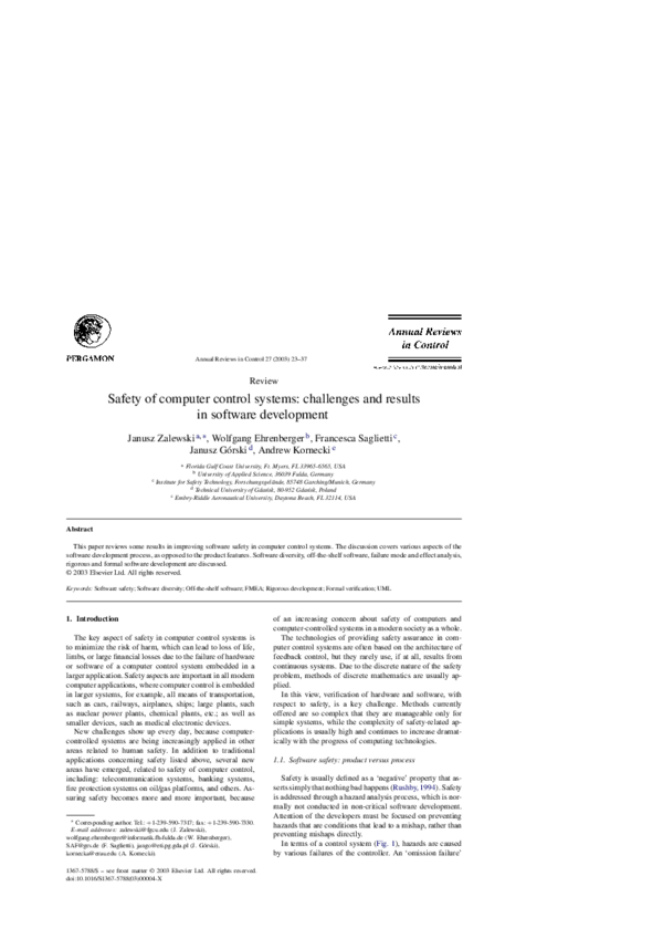 (PDF) Safety of computer control systems: challenges and results in ...