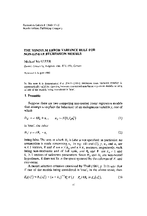 (PDF) The minimum error variance rule for non-linear regression models