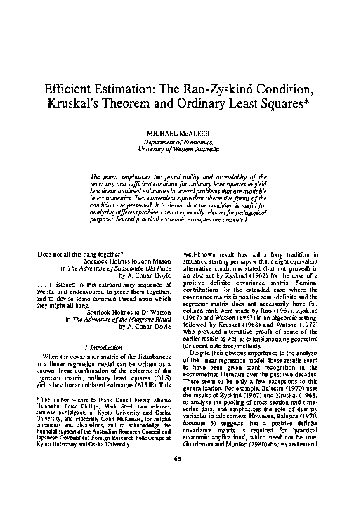 PDF) Efficient Estimation: The Rao-Zyskind Condition, Kruskal's