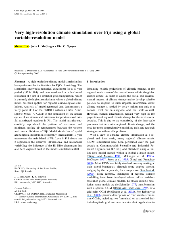 Pdf Very High Resolution Climate Simulation Over Fiji Using A Global