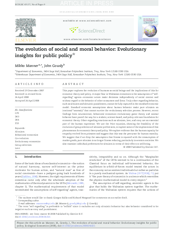 (PDF) The evolution of social and moral behavior: Evolutionary insights ...