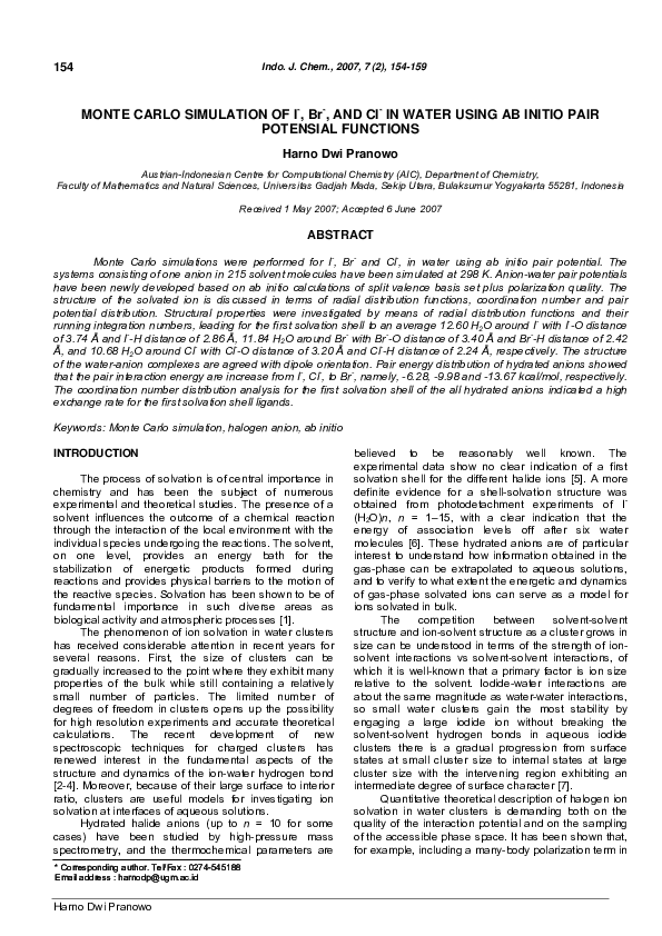 (PDF) MONTE CARLO SIMULATION OF I , Br , AND Cl IN WATER USING AB