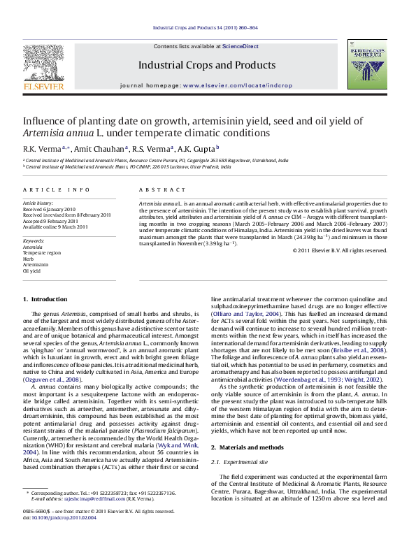 (PDF) Influence of planting date on growth, artemisinin yield, seed and ...