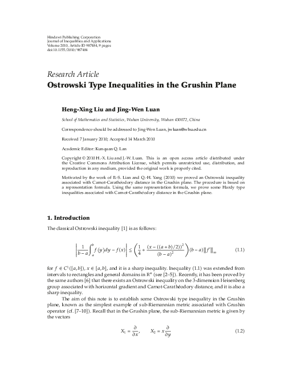 (PDF) Ostrowski Type Inequalities in the Grushin Plane