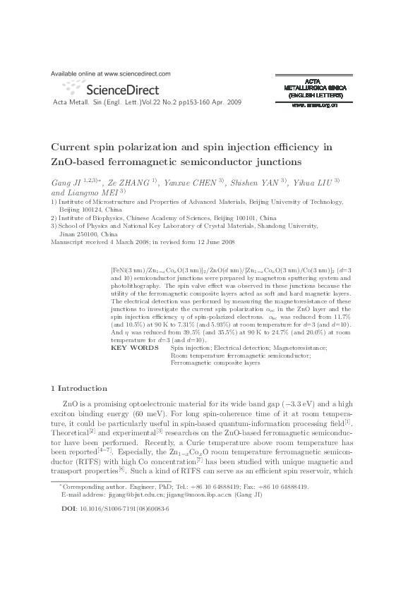 (PDF) Current spin polarization and spin injection efficiency in ZnO ...