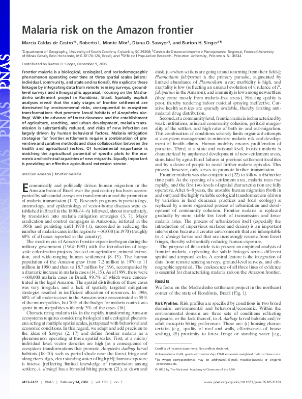 (PDF) Malaria risk on the Amazon frontier