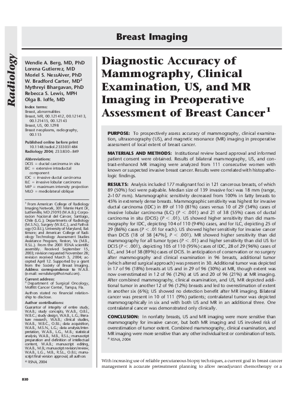 (PDF) Diagnostic Accuracy of Mammography, Clinical Examination, US, and ...