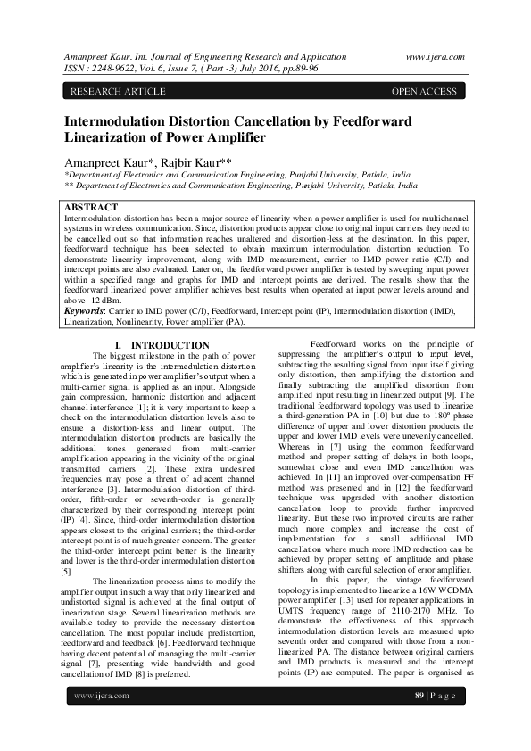 (PDF) Intermodulation Distortion Cancellation by Feedforward