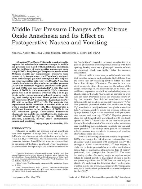 (PDF) Middle Ear Pressure Changes after Nitrous Oxide Anesthesia and