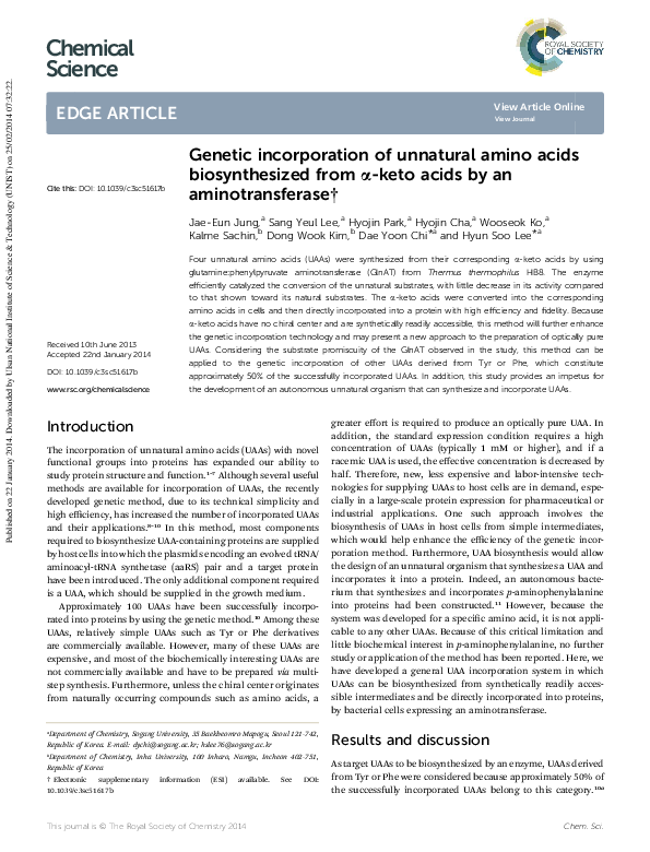 (PDF) Genetic Incorporation of Unnatural Amino Acids into Proteins in ...