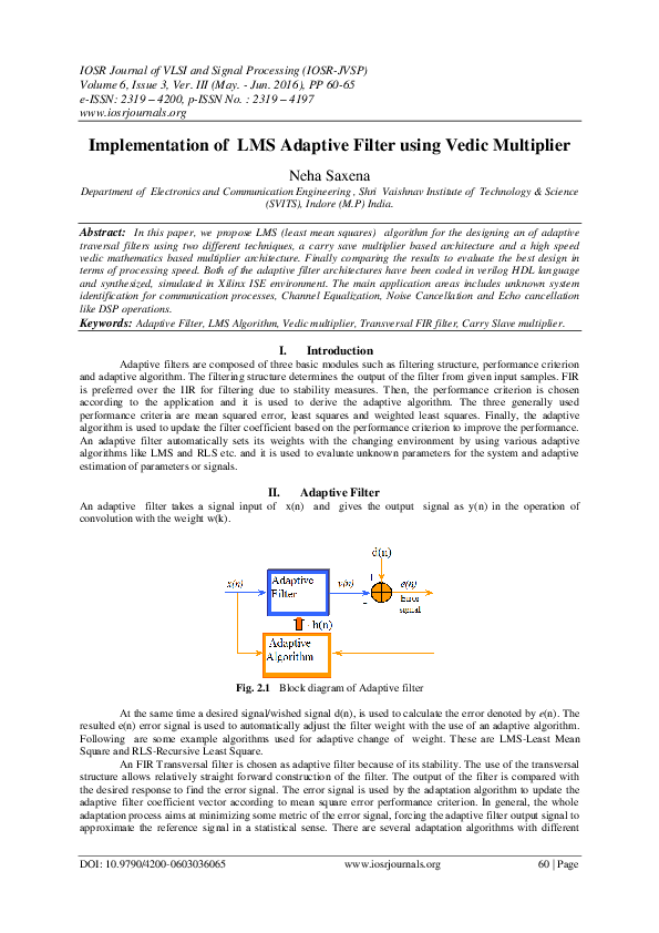 (PDF) Implementation of LMS Adaptive Filter using Vedic Multiplier