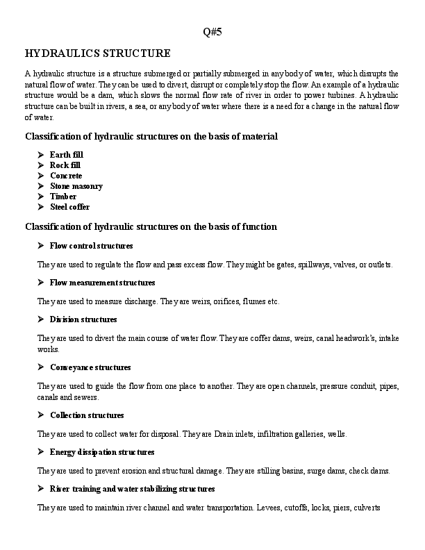 (DOC) Q5 HYDRAULICS STRUCTURE Classification of hydraulic structures