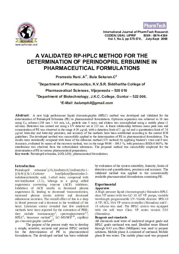 (PDF) A VALIDATED RP-HPLC METHOD FOR THE DETERMINATION OF PERINDOPRIL ...