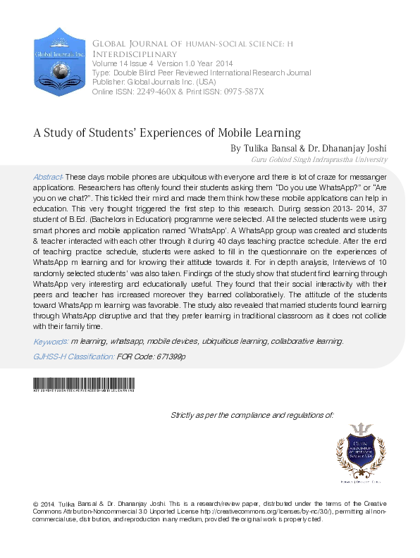 (PDF) A Study of Students' Experiences of Mobile Learning