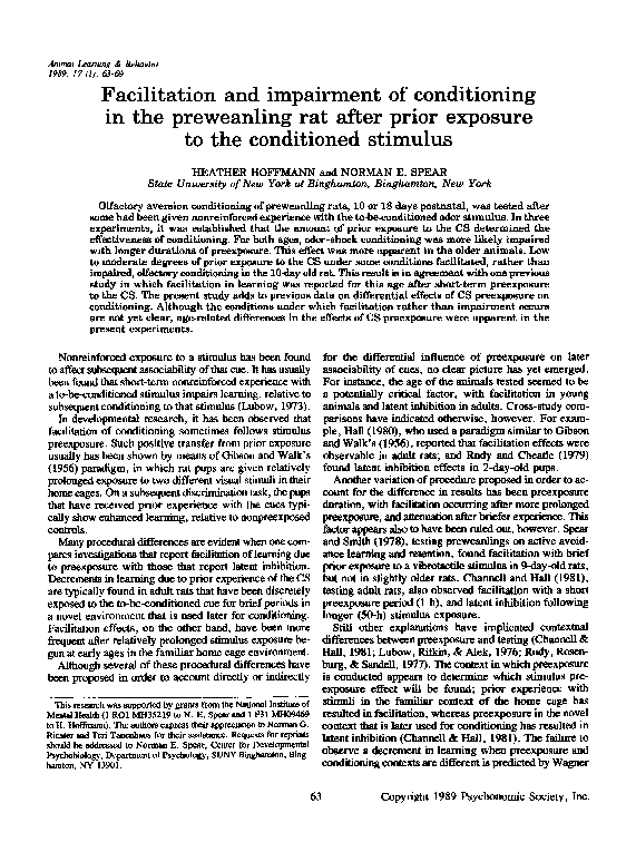 (PDF) Facilitation and impairment of conditioning in the preweanling ...