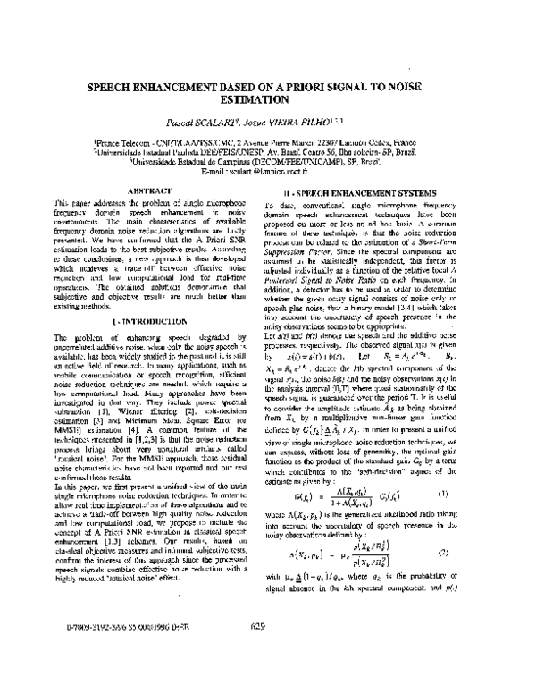 (PDF) Speech enhancement based on a priori signal to noise estimation