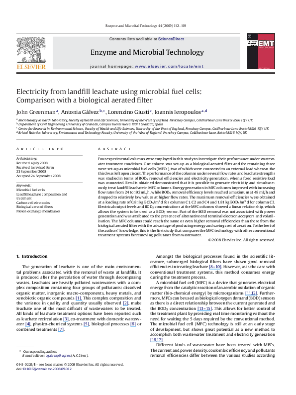 (PDF) Electricity from landfill leachate using microbial fuel cells ...