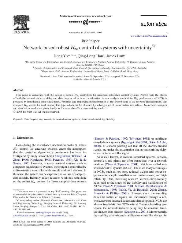 (PDF) Network-based robust H ∞ control of systems with uncertainty
