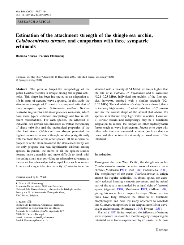 (PDF) Estimation of the attachment strength of the shingle sea urchin ...