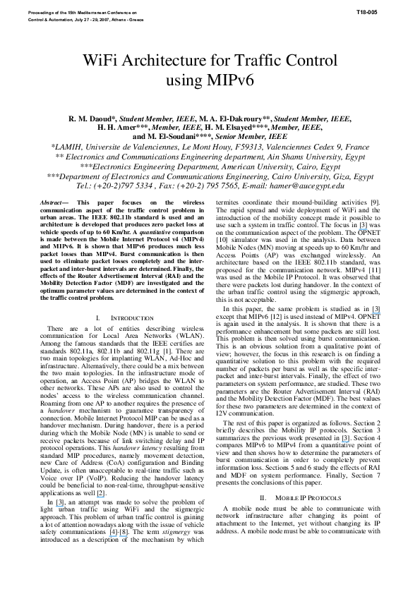 (PDF) WiFi architecture for traffic control using MIPv6