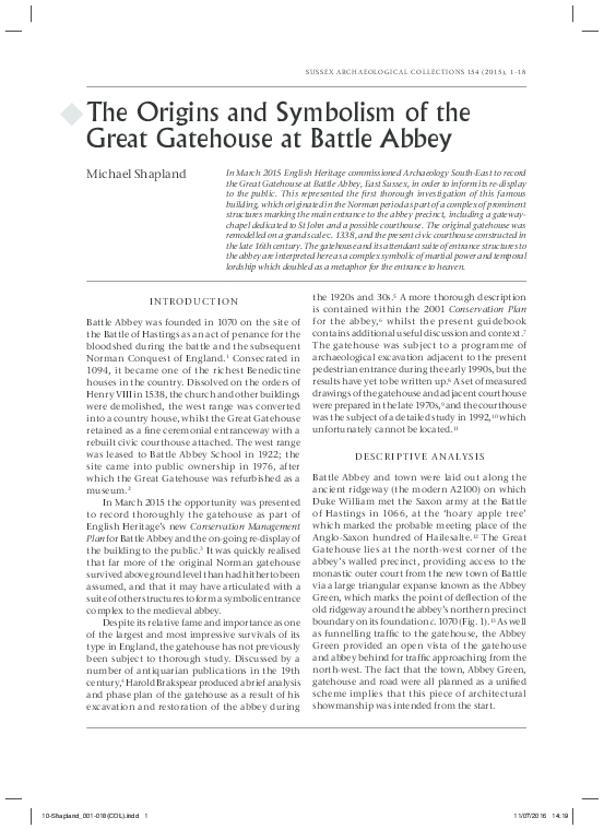 The Origins and Symbolism of the Great Gatehouse at Battle Abbey