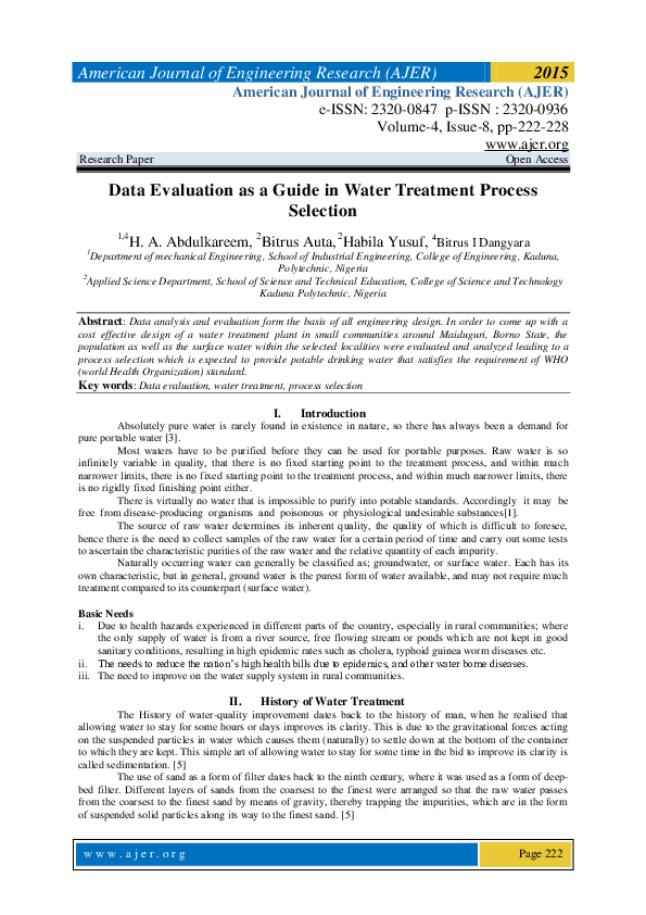 (PDF) Data Evaluation as a Guide in Water Treatment Process Selection