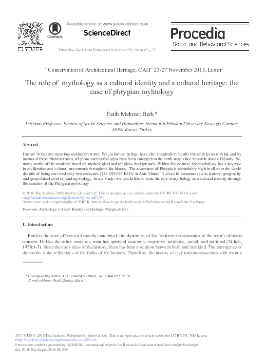 The Role of Mythology as a Cultural Identity and a Cultural Heritage The Case of Phrygian Myhtology