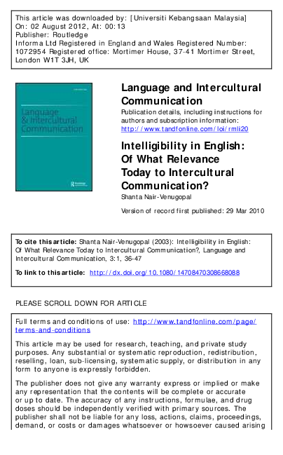 Pdf Language And Intercultural Communication Intelligibility In English Of What Relevance Today To Intercultural Communication Shanta Nair Venugopal Academia Edu