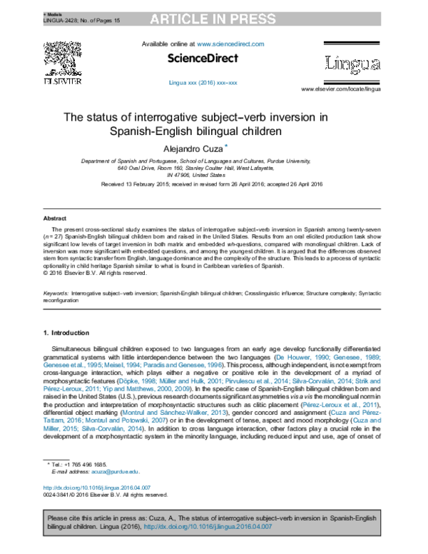 (PDF) The status of interrogative subjectverb inversion in Spanish