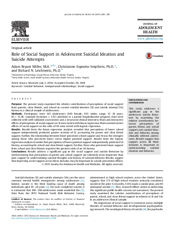 (PDF) Role of Social Support in Adolescent Suicidal Ideation and ...