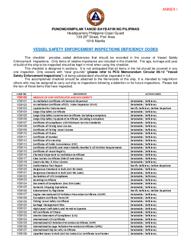(PDF) VESSEL SAFETY ENFORCEMENT INSPECTIONS DEFICIENCY CODES VS8100