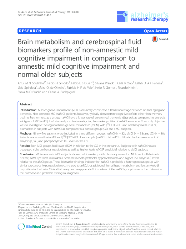 Brain metabolism and cerebrospinal fluid biomarkers profile of non ...