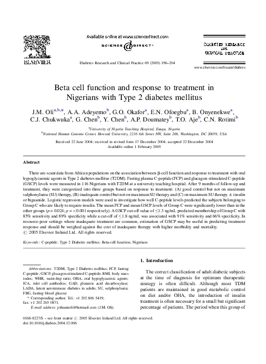 (PDF) Beta cell function and response to treatment in Nigerians with ...