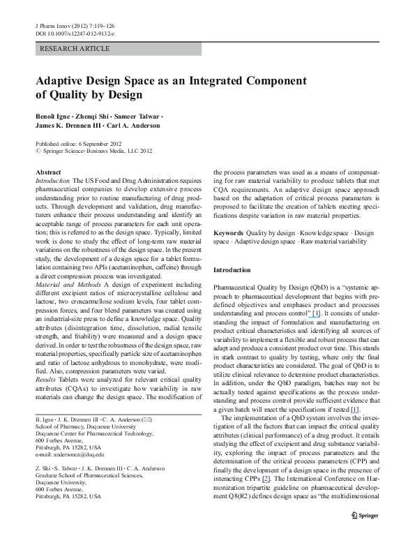 (PDF) Adaptive Design Space as an Integrated Component of Quality by Design