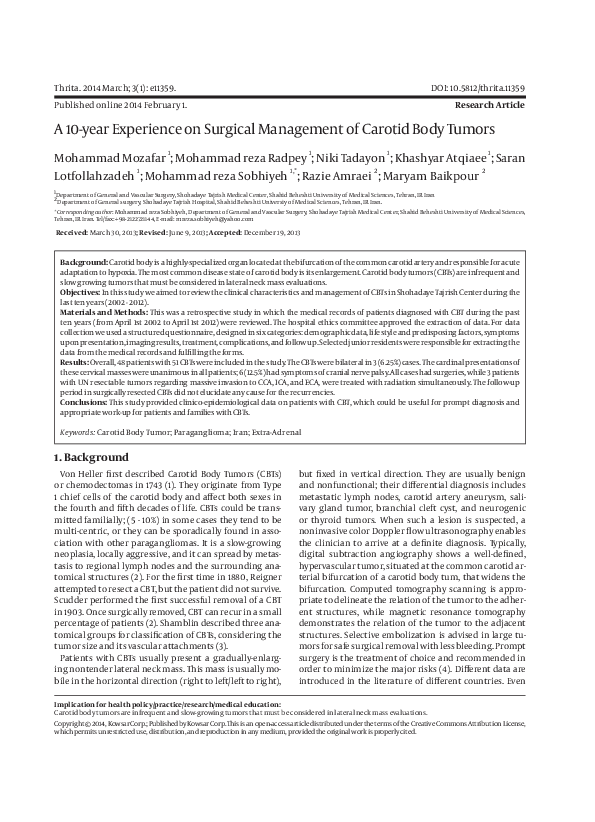 (PDF) A 10-year Experience on Surgical Management of Carotid Body Tumors