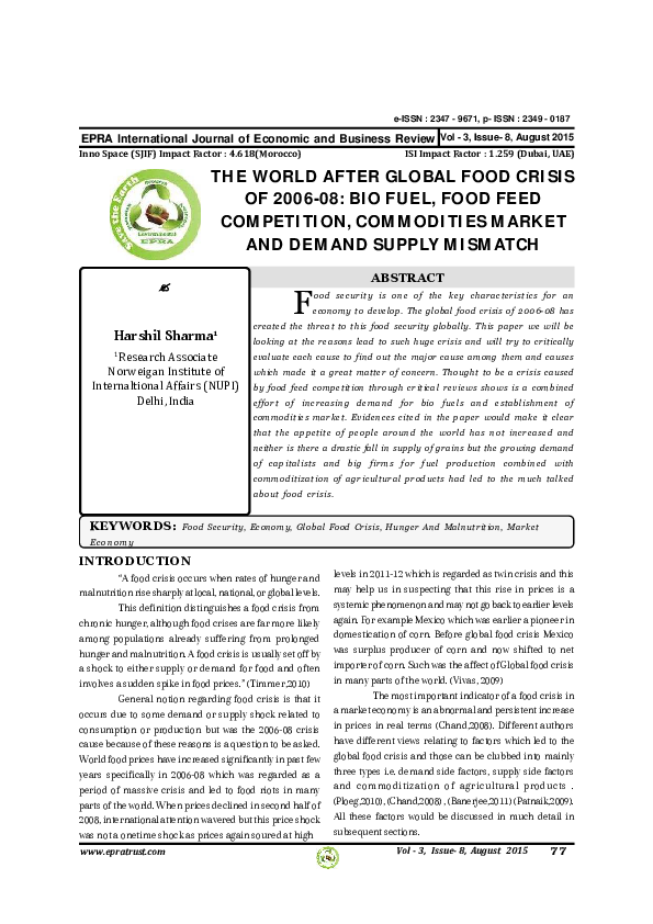 (PDF) THE WORLD AFTER GLOBAL FOOD CRISIS OF 2006-08: BIO FUEL, FOOD ...