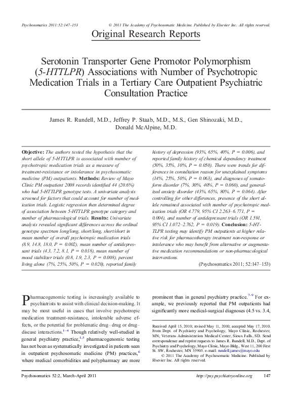 (PDF) Serotonin Transporter Gene Promotor Polymorphism (5-HTTLPR ...