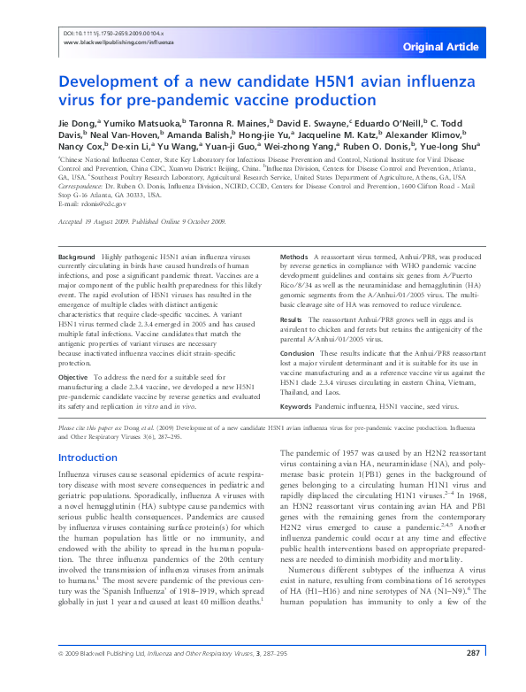 (PDF) Development of a new candidate H5N1 avian influenza virus for pre ...