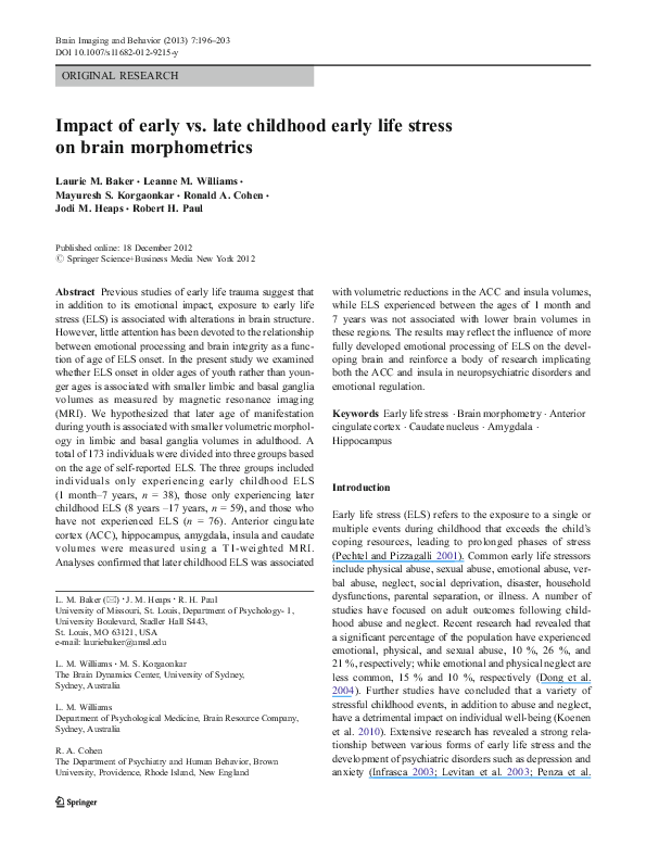 (PDF) Impact of early vs. late childhood early life stress on brain ...