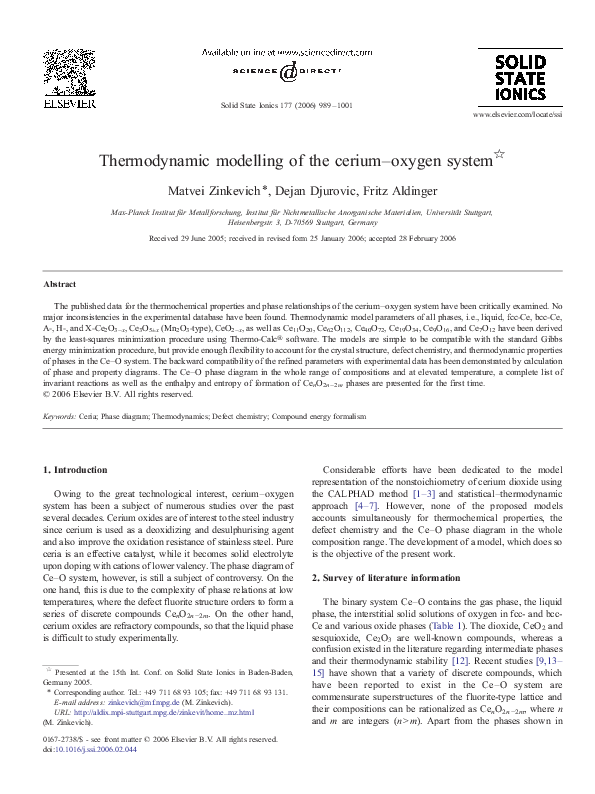 (PDF) Thermodynamic modelling of the cerium–oxygen system