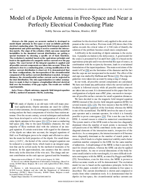 (PDF) Model of a dipole antenna in free-space and near a perfectly ...