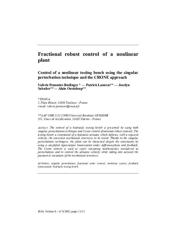 (PDF) Fractional robust control of a nonlinear plant. Control of a ...