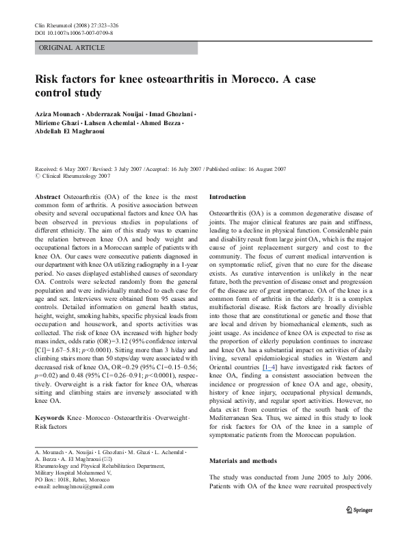 (PDF) Risk factors for knee osteoarthritis in Morocco. A case control study