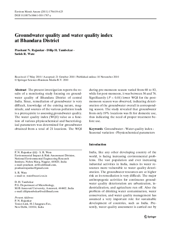 (PDF) Groundwater quality and water quality index at Bhandara District