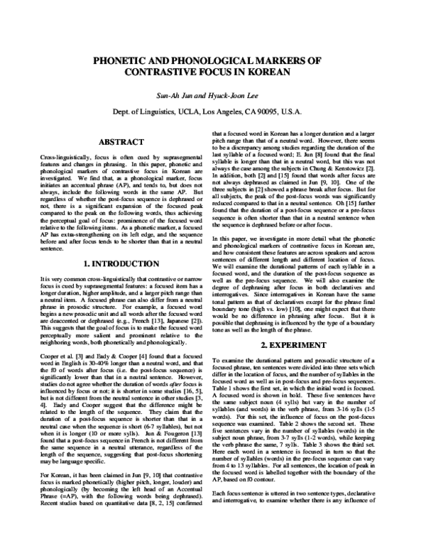 (PDF) Phonetic and phonological markers of contrastive focus in Korean