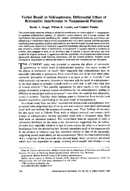(PDF) Verbal recall in schizophrenia: Differential effect of ...