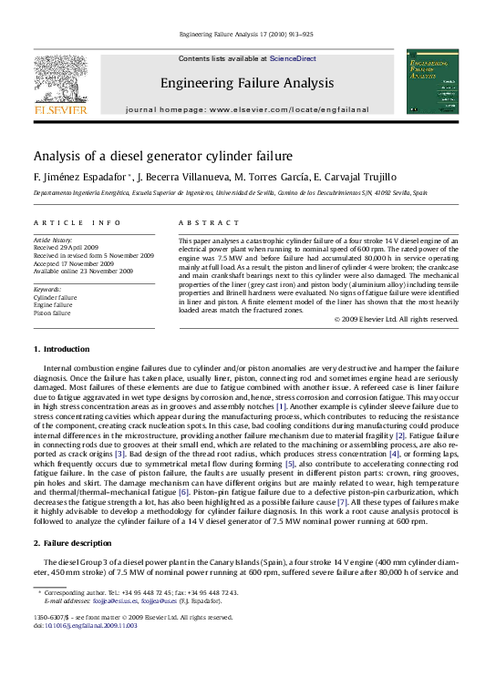 (PDF) Analysis of a diesel generator cylinder failure
