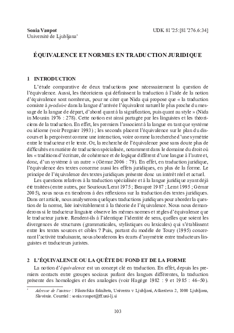 Pdf Equivalence Et Normes En Traduction Juridique Sonia Vaupot