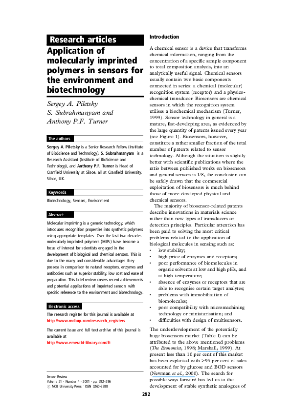 (PDF) Application of molecularly imprinted polymers in sensors for the ...